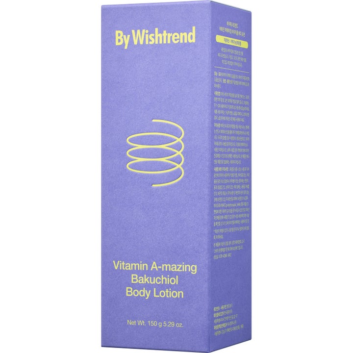 By Wishtrend Vitamin A-mazing Bakuchiol Body Lotion 150 g i lila kartong med gul text och spiralgrafik.