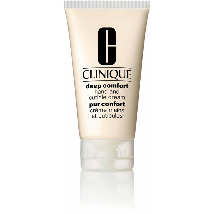 Clinique Deep Comfort handkräm för torra händer och nagelbandskräm i en ljusbeige tub med vitt lock.