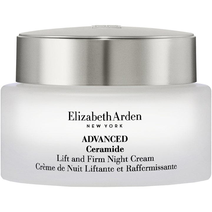 Elizabeth Arden Advanced Ceramide Lift and Firm nattkräm med ceramider för torr hud i en frostad glasburk med silverlock.