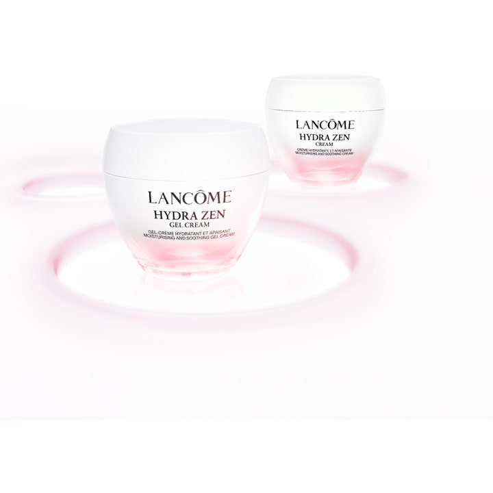Lancôme Hydra Zen Gel Cream 30 ml återfuktande dagkräm med gel textur i två rosa glasburkar i rosa ljus