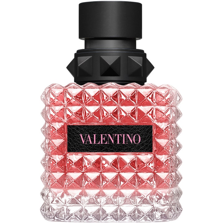 Valentino Born in Roma Donna 50 ml blommig italiensk parfym i glasflaska med nitar, rosa vätska och svart kork