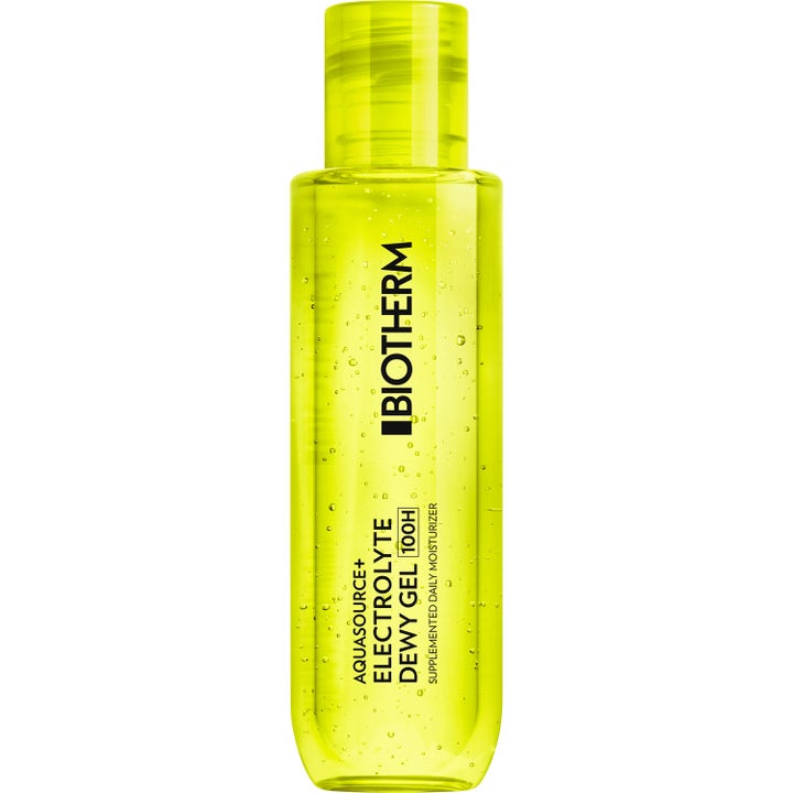 Biotherm Aquasource+ Electrolyte Dewy Gel 100H återfuktande ansiktsgel i limegrön flaska med bubblig textur