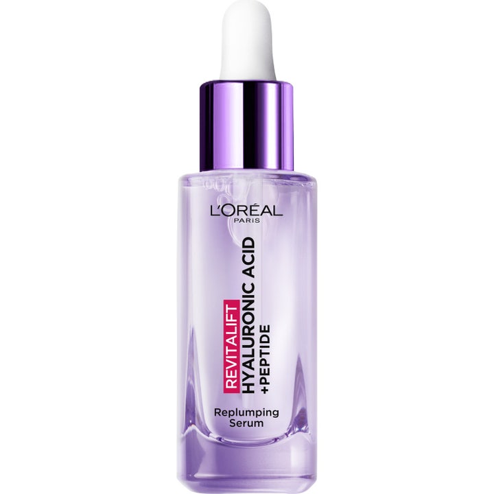 L'Oréal Paris Revitalift Hyaluronic Acid + Peptide Replumping Serum 30ml i lila tonad glasflaska med metallisk kork.