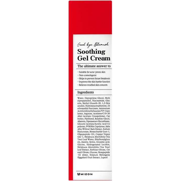 Mizon Good Bye Blemish Soothing Gel Cream 55 ml lugnande ansiktskräm på rödvit förpackning med ingredienslista