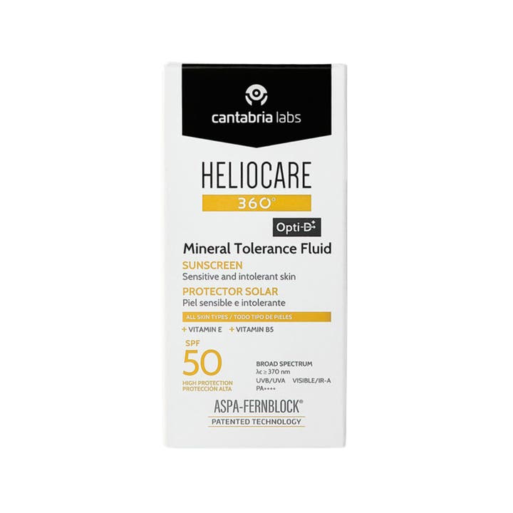 Heliocare Mineral Tolerance Fluid 50 ml bredspektrum solskydd känslig hud i en vit flaska med svart lock