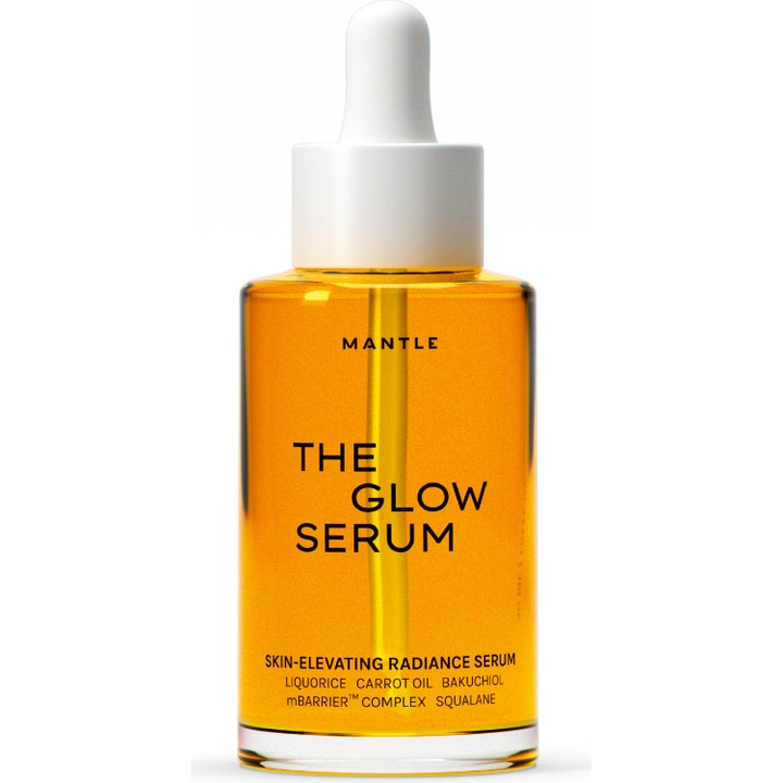 Mantle The Glow Serum 30 ml bakuchiol serum anti-aging för glödande hy i glasflaska med guldgul olja och vit pipett.