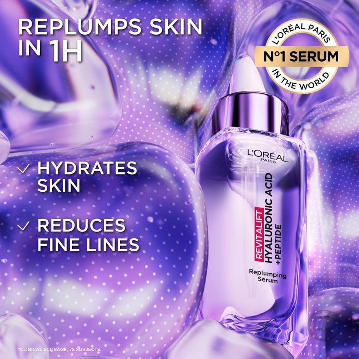 L'Oréal Paris Revitalift Filler hyaluronsyra 1.5% serum i lila glasflaska som skapar fyllighet och ger fukt.