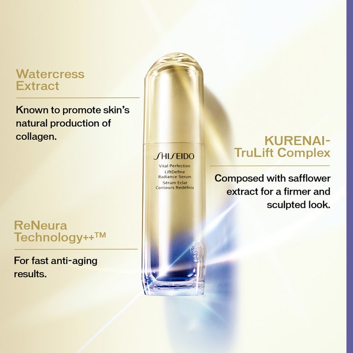 Shiseido Vital Perfection Liftdefine radiance serum 40 ml ger fastare hud i en guldflaska med ReNeura Technology.