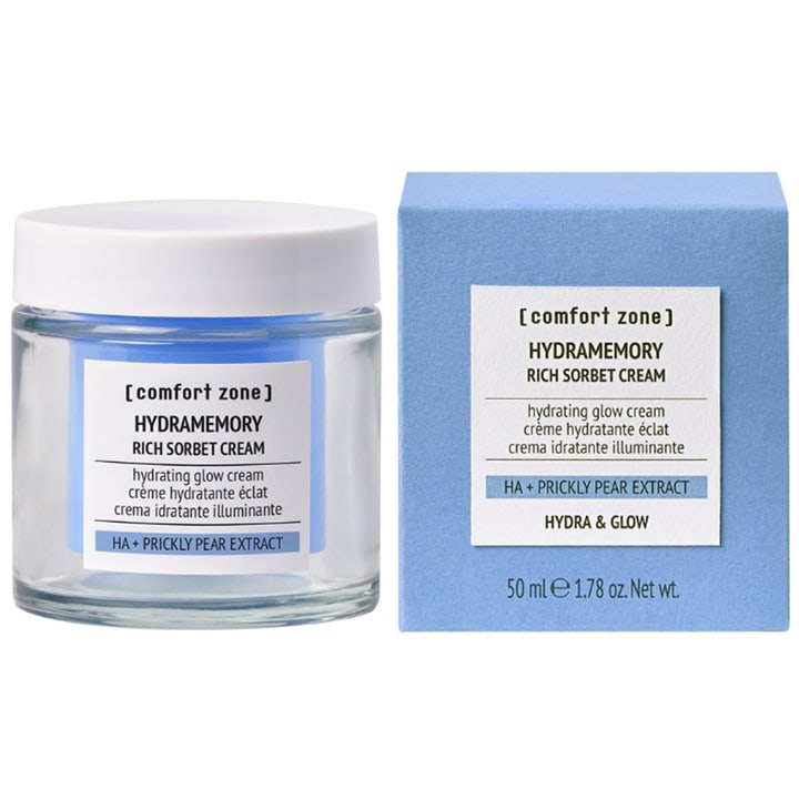 Comfort Zone Hydramemory Rich Sorbet Cream 50 ml återfuktande kräm med hyaluronsyra i glasburk och blå ytterbox.