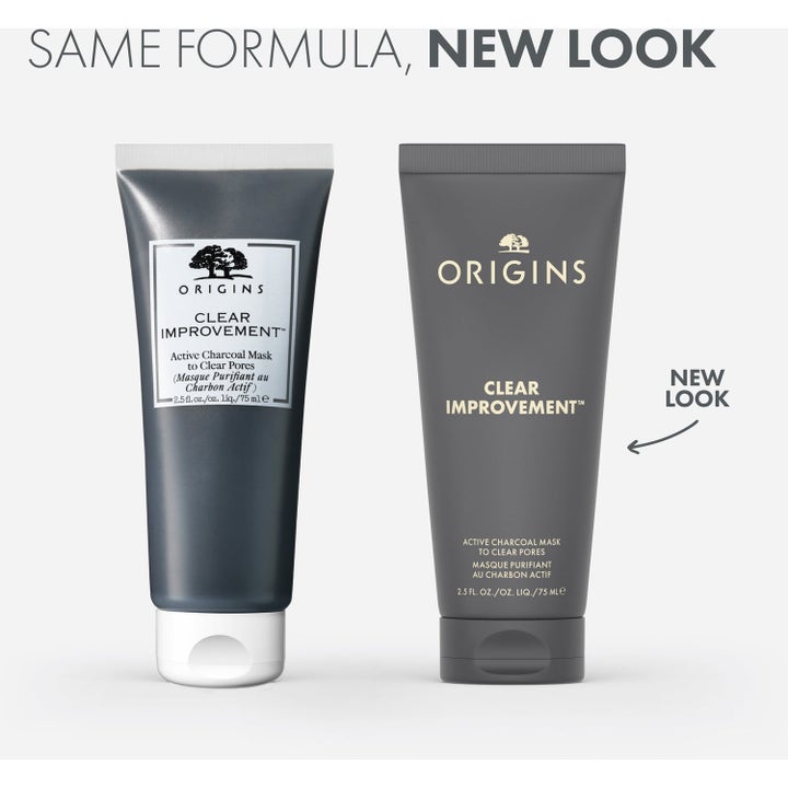 Origins Clear Improvement Active Charcoal Mask 75 ml porrengörande ansiktsmask visar gammal och ny design av grå tub.