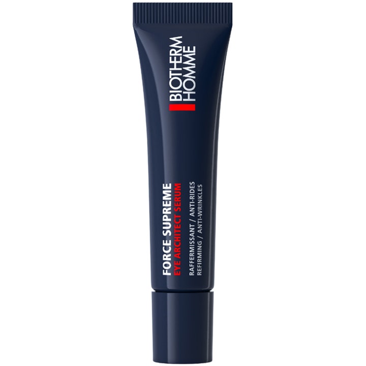 Biotherm Homme Force Supreme Eye Architect Serum 15 ml anti-rynk ögonkräm män i en mörkblå tub med silverfärgad topp.