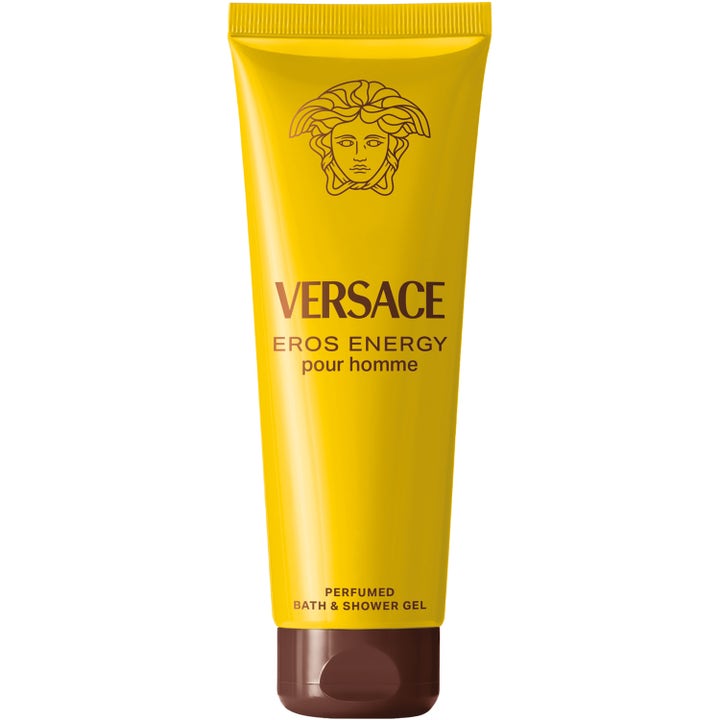Versace Eros Energy Pour Homme designer duschtvål för män i en klargul tub med brunt lock som ger en energigivande känsla
