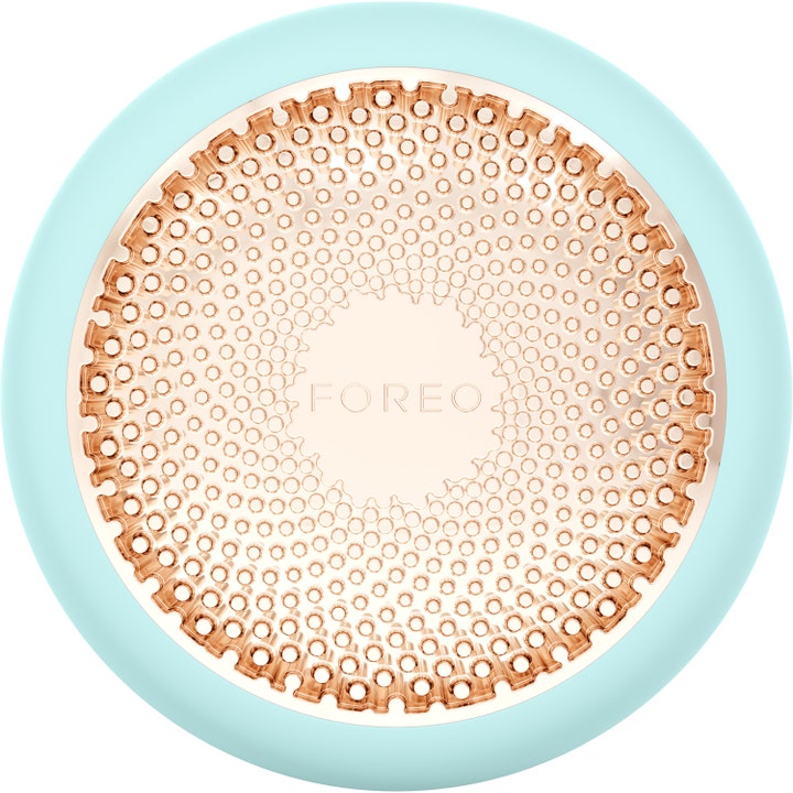 FOREO UFO 1 st ansiktsbehandling hemma för känslig hud med led terapi i mintgrön silikon med platta i roséguld