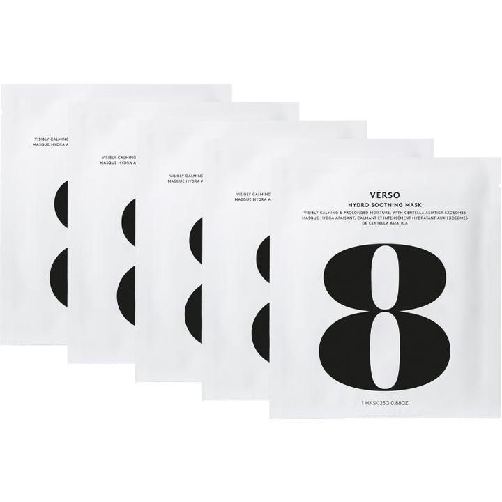 Verso Hydro Soothing Mask 5 st lugnande ansiktsmasker i vita påsar med en stor grafisk svart åtta
