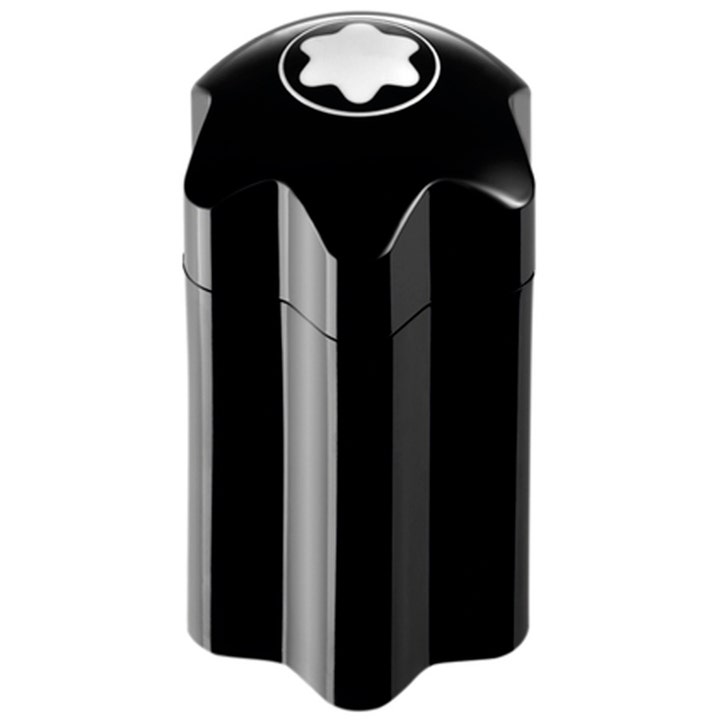 Montblanc Emblem Eau de Toilette 100 ml herrparfym i en svart glansig flaska formad som en stjärna med vit logotyp på toppen