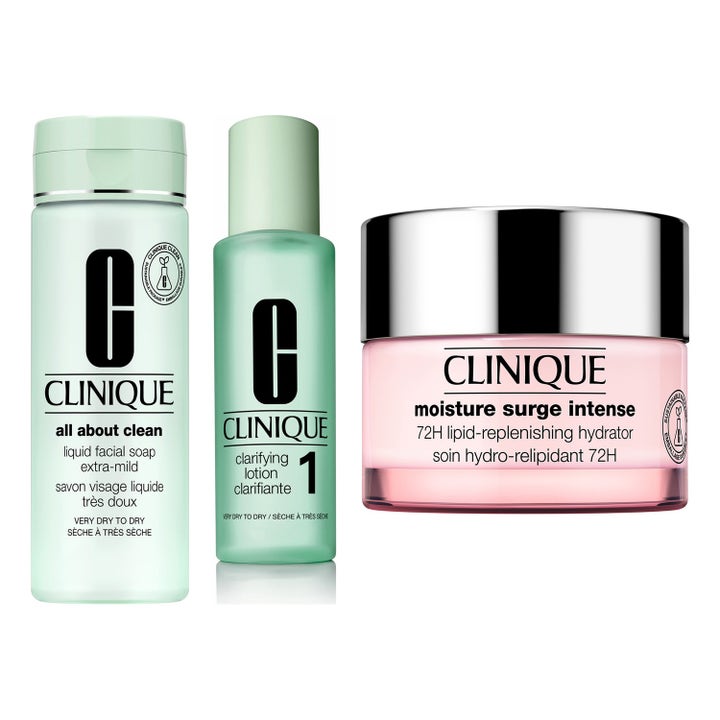 Clinique 3-steg torr vinterhud med mild tvål ansiktsvatten och återfuktande ansiktskräm i rosa burk