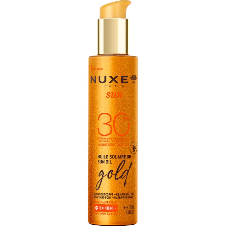 Nuxe Sun Oil Gold 150 ml nuxe solskydd ansikte och kropp är en guld solbränningsolja i skimrande bärnstensfärgad flaska.