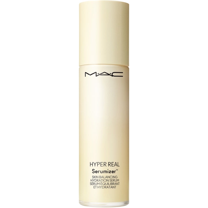 MAC Hyper Real Serumizer fuktgivande serum ger en fuktboost i en stilren beige cylinderformad flaska med matt yta.