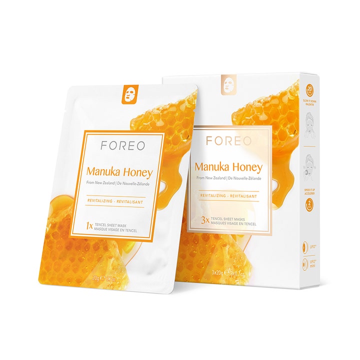 Foreo Manuka Honey 3-pack revitaliserande sheet mask ger lyster i vit förpackning med motiv av gyllene honung.
