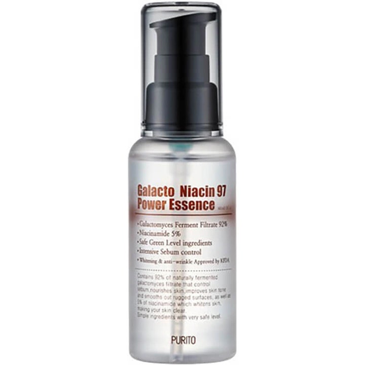 Purito Galacto Niacin 97 Power Essence 60 ml ger lyster i en frostad plastflaska med svart pump och transparent lock
