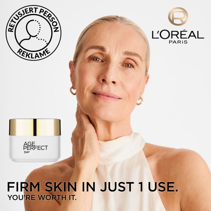 L'Oréal Paris Age Perfect Day Cream 50 ml anti-aging dagkräm för mogen hud visar kvinna och vit glasburk med guldlock.