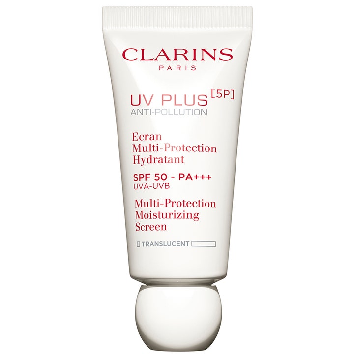 Clarins UV Plus 5P Anti-Pollution SPF 50 fuktgivande ansiktskräm med solskydd i vit tub med röd text och rundad kork