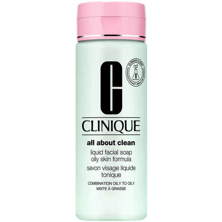 Clinique All About Clean 525 ml rengörande ansiktstvål som ger ren hy i ljusgrön flaska med rosa lock