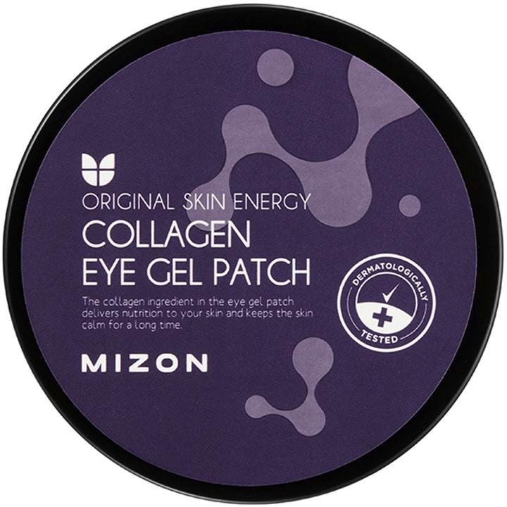 Mizon Collagen Eye Gel Patch 60 st närande eye patches i en lila burk med dekorativt molekylmönster.