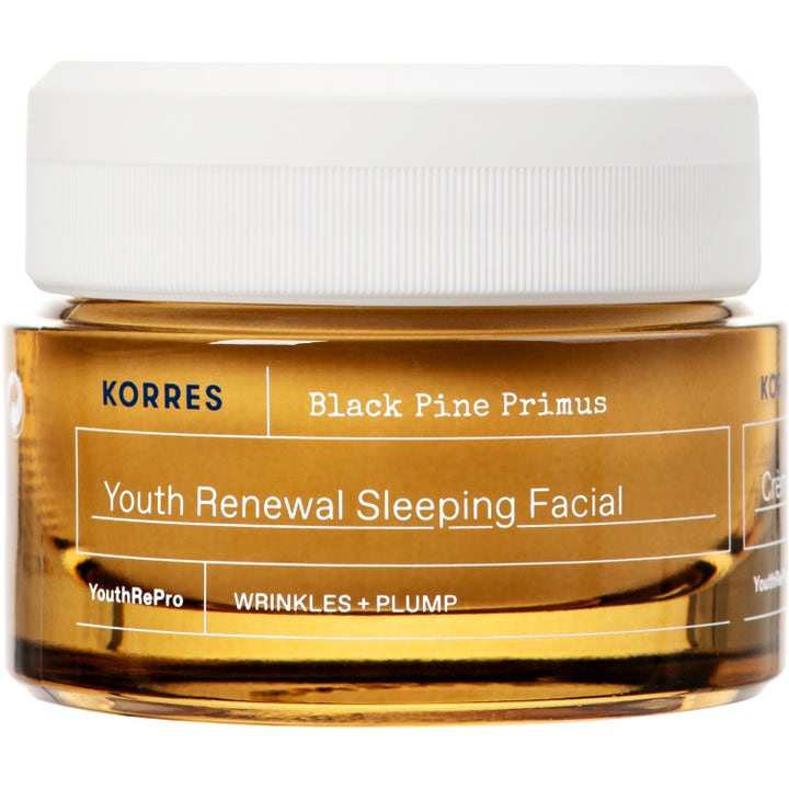 Korres Black Pine Primus Youth Renewal Sleeping Facial nattmask mot rynkor i bärnstensfärgad glasburk med vitt lock