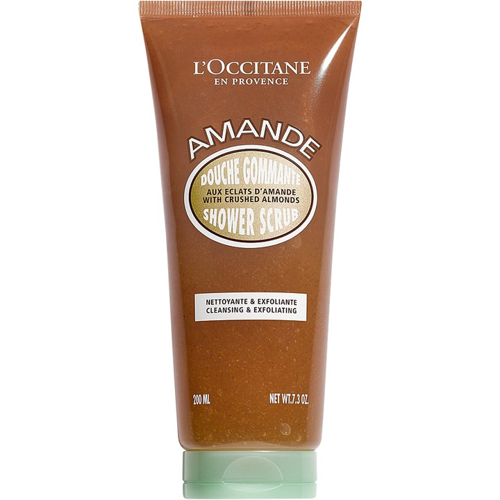 L'Occitane Amande Shower Scrub 200 ml exfolierande kroppsskrubb i brun tub med synliga mandelskal och grönt lock