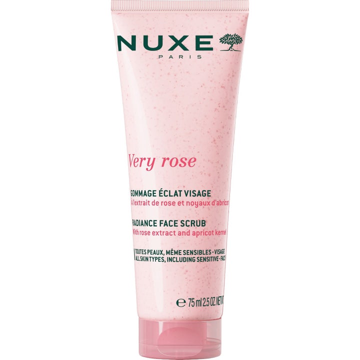 Nuxe Very Rose Radiance Face Scrub 75 ml ansiktsskrubb för lyster i en rosa tub med korn från aprikoskärnor