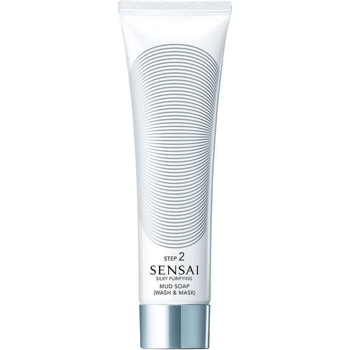 Sensai Silky Purifying Mud Soap 125 ml 2-i-1 djuprengöring ansikte i vit tub med silverlock och cirkelmönster.