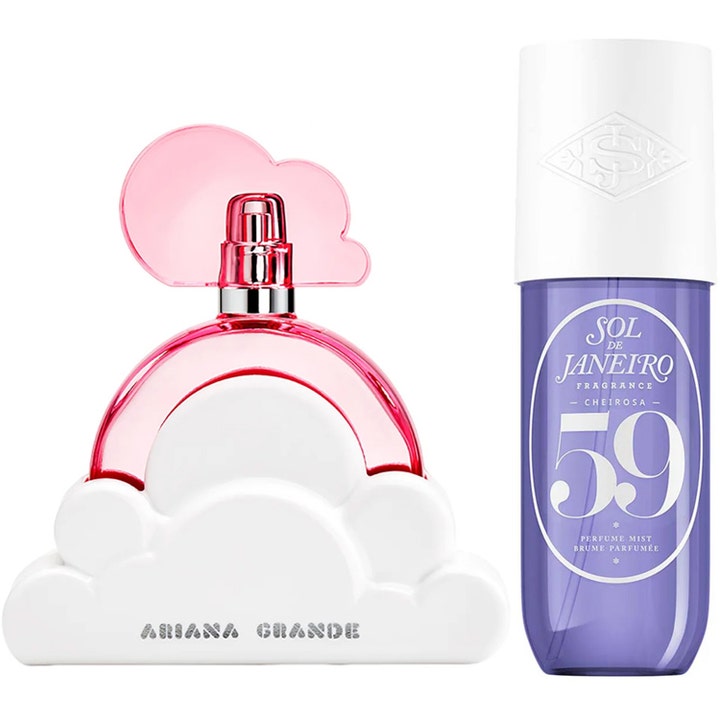 Sol de Janeiro Ariana Grande Hot Girl Summer paket med rosa molnformad parfymflaska och lila Cheirosa 59 mist
