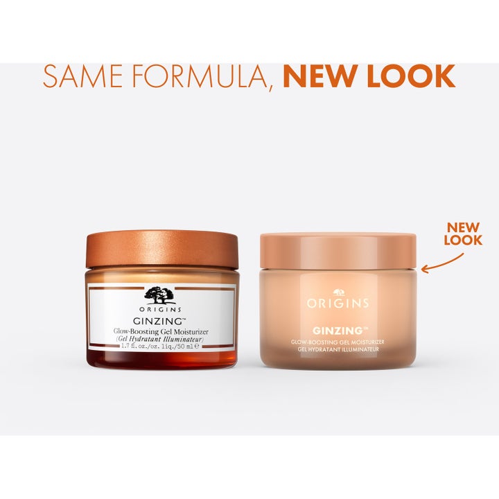 Origins GinZing Glow-Boosting Gel Moisturizer 50 ml lystergivande glowkräm i gammal och ny frostad glasburk.