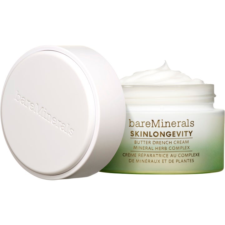 bareMinerals Skinlongevity Restorative Rich-Cream 50 ml återfuktande ansiktskräm i grön glasburk med fyllig vit textur