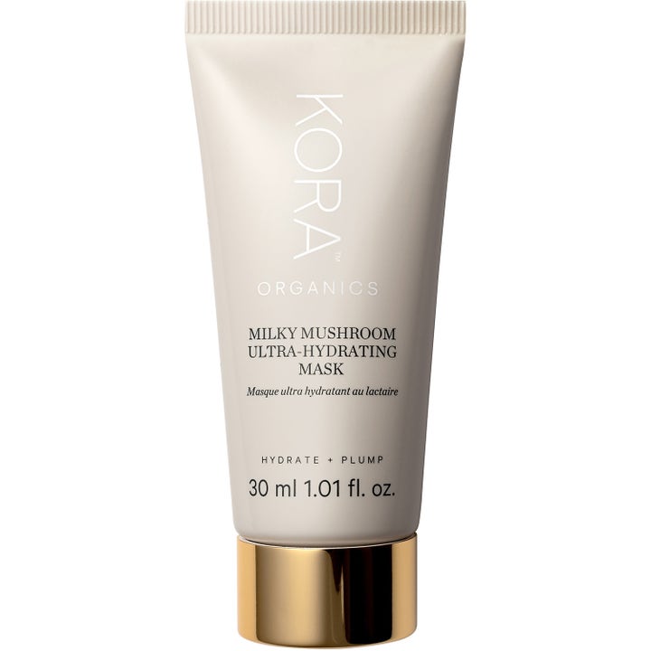 KORA Organics Milky Mushroom 30 ml ekologisk ansiktsmask som ger fuktboost i en beige tub med guldkork