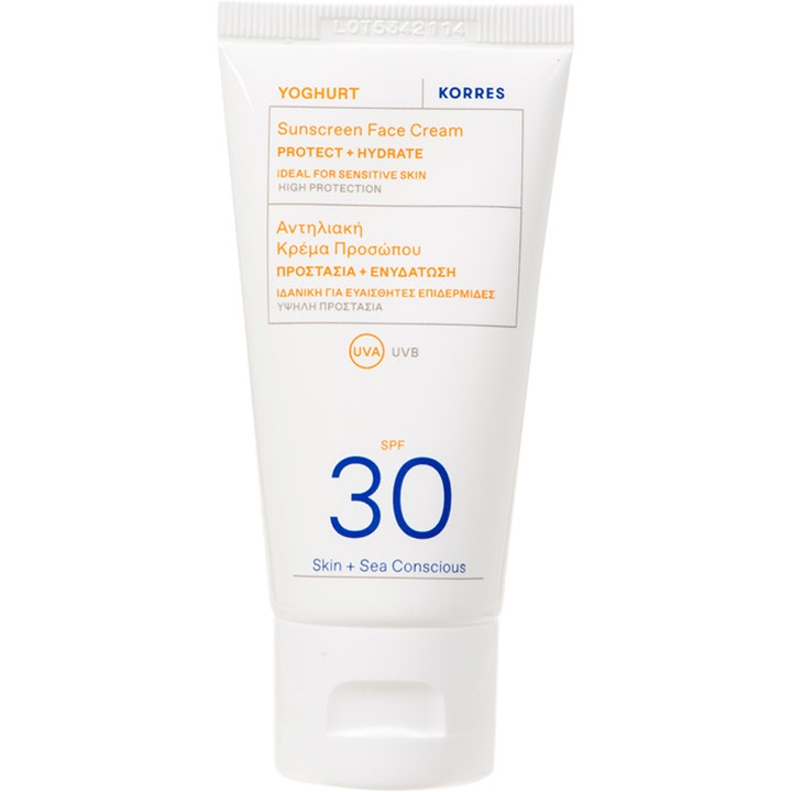 Korres Yoghurt Sunscreen Face Cream SPF 30 hydrerande ansiktssolkräm för känslig hy i vit plasttub med orange detaljer.
