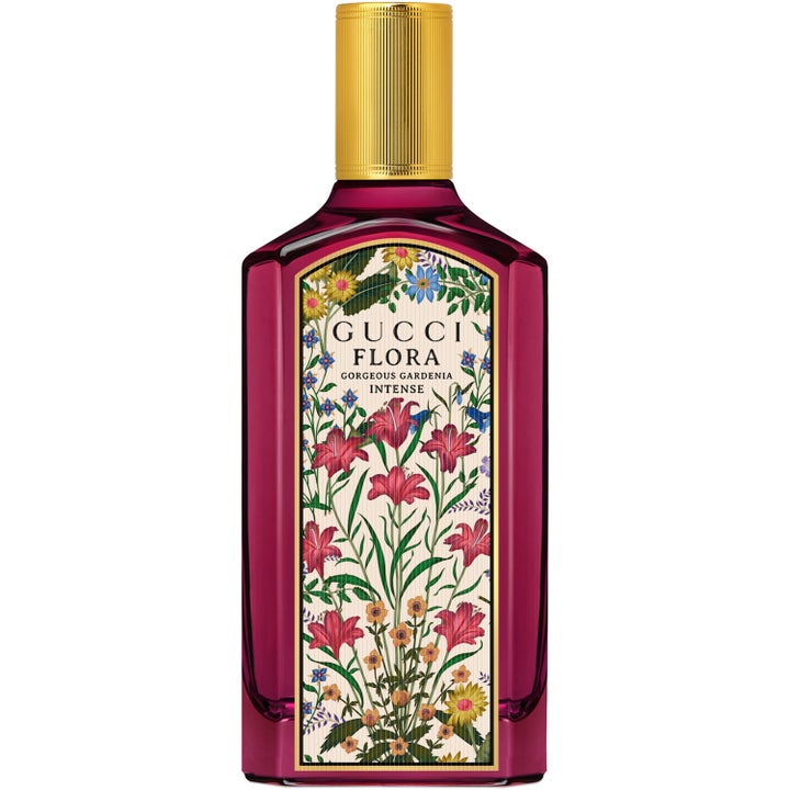 Gucci Flora Gorgeous Gardenia Intense 100ml parfym i en lila glasflaska med blommig etikett och guldlock