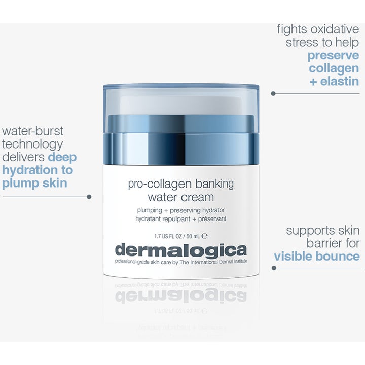 Dermalogica Pro-Collagen Banking Water Cream 50 ml återfuktande dagkräm i vit burk med blå detaljer och text.