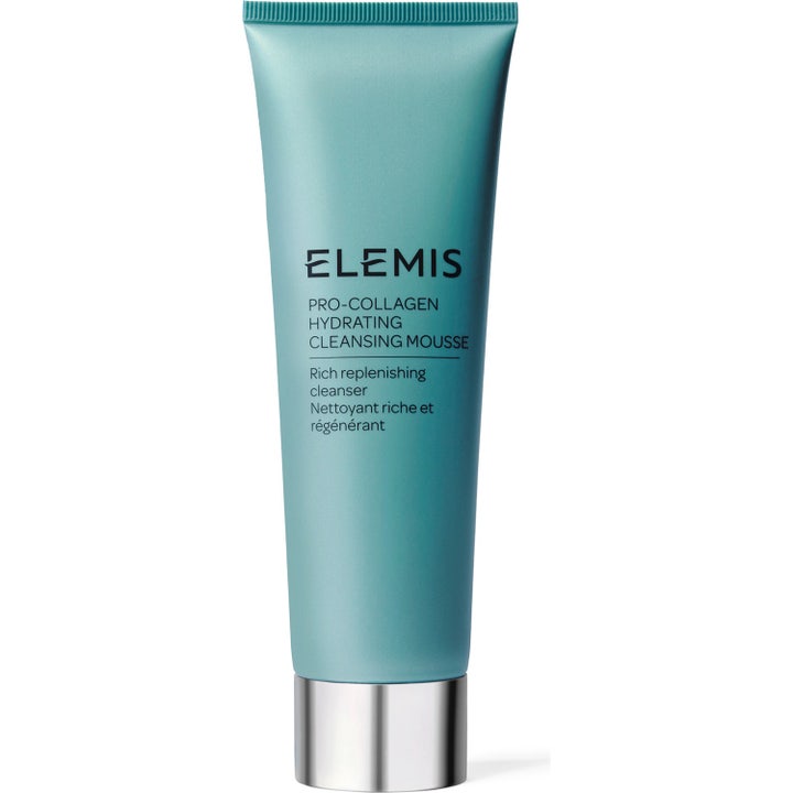 Elemis Pro-Collagen Hydrating Cleansing Mousse återfuktande ansiktsrengöring i en turkosblå tub med silvrig kork.