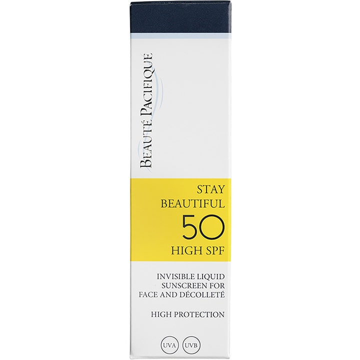 Beauté Pacifique Stay Beautiful 50 ml flytande solkräm ansikte i vit förpackning med gul SPF 50-märkning