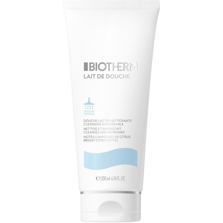 Biotherm Lait de Douche 200 ml uppfriskande duschmjölk i vit plasttub med ljusblå detaljer och vit kork