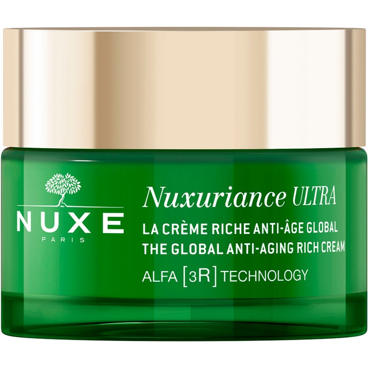Nuxe Nuxuriance Ultra The Global Anti-Aging Rich Cream 50ml ger näring i en elegant grön glasburk med guldfärgat lock.