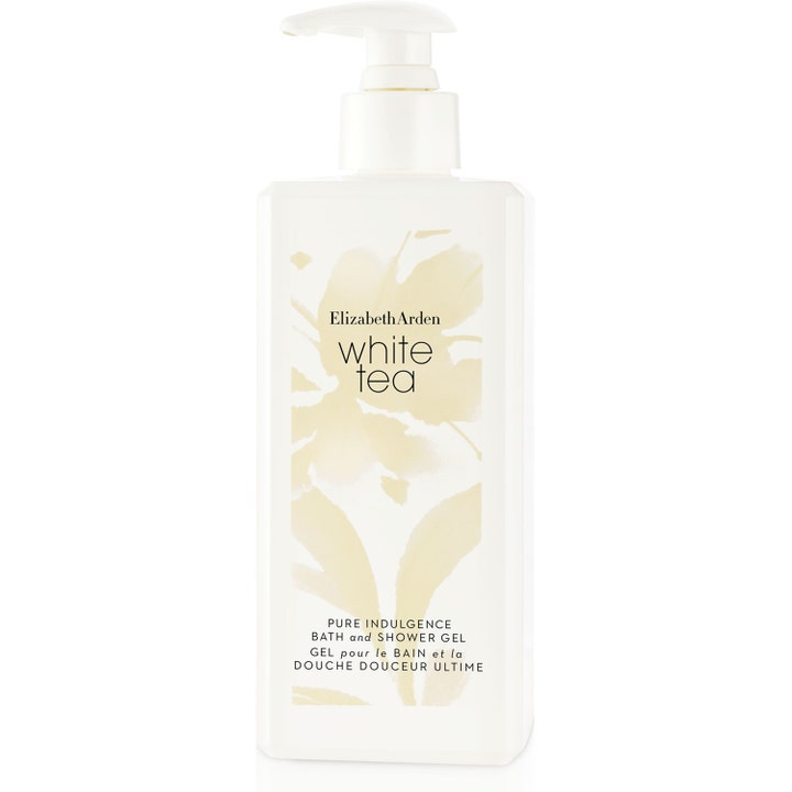 Elizabeth Arden White Tea Bath and Shower Gel 400ml rengörande duschgel i vit rektangulär pumpflaska med gult blommönster.