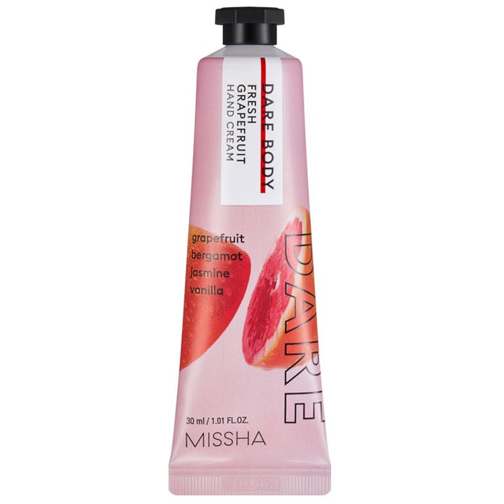 MISSHA Dare Body Fresh Grapefruit 30 ml fruktdoftande återfuktande handkräm i rosa tub prydd med grapefrukter och svart kork