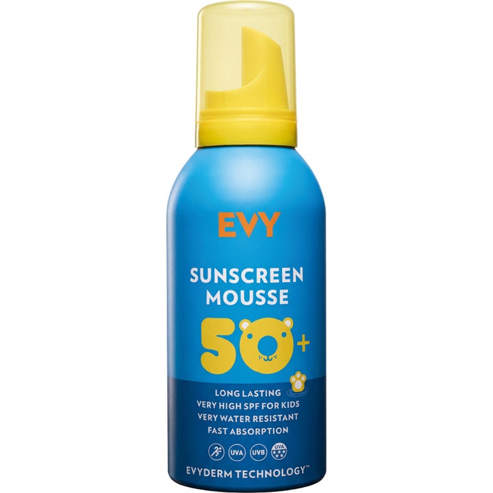 EVY Technology Sunscreen Mousse SPF 50 för barn ger vattenresistent skydd i en blå flaska med gult lock och kattmotiv.