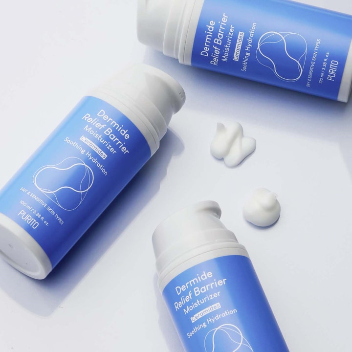 Purito Dermide Relief Barrier Moisturizer 100 ml barriärstärkande kräm med ceramider och vit krämig textur.