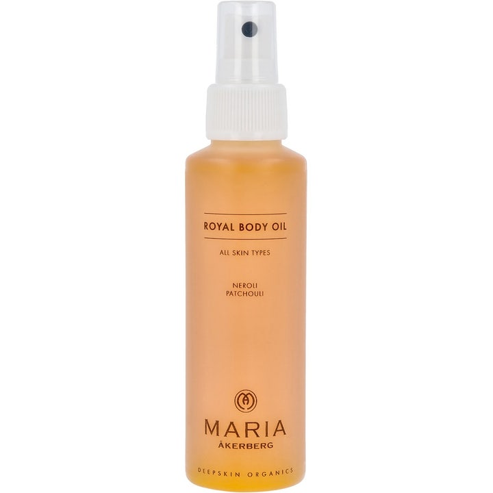 Maria Åkerberg Royal Body Oil 125 ml ekologisk kroppsolja alla hudtyper i frostad sprayflaska med orange vätska