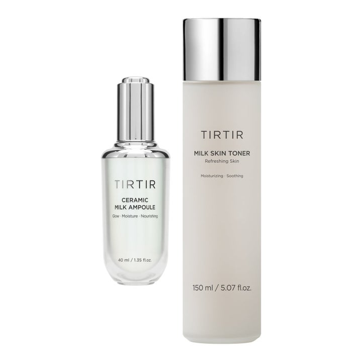 TIRTIR Ceramic Milk Ampoule 40 ml och Milk Skin Toner 150 ml lystergivande duo i frostade glasflaskor med silverlock