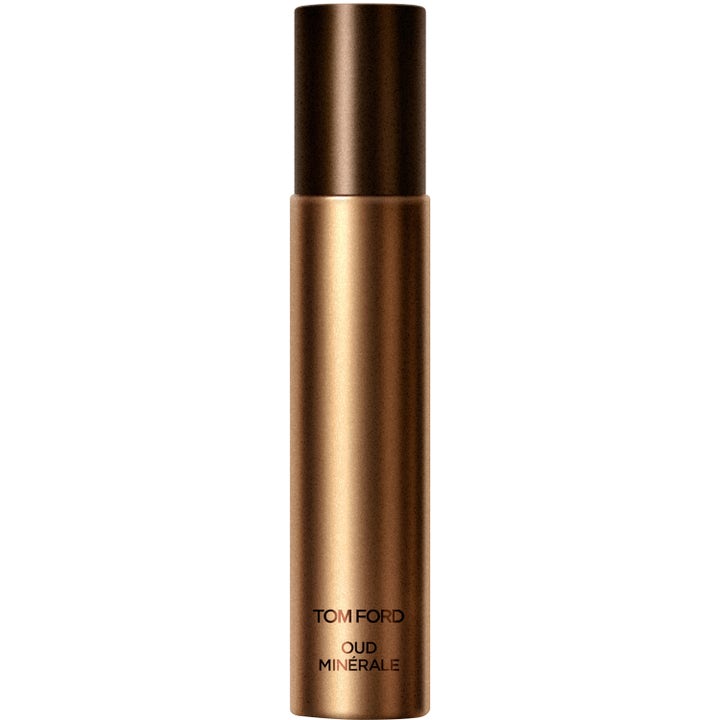 Tom Ford Oud Minerale 10ml travel size parfym i en metallisk bronsfärgad flaska med mörkbrunt lock